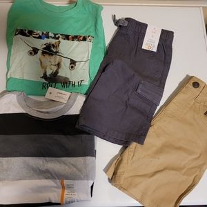 Children's size 5 cargo shorts (2) and shirts (2)